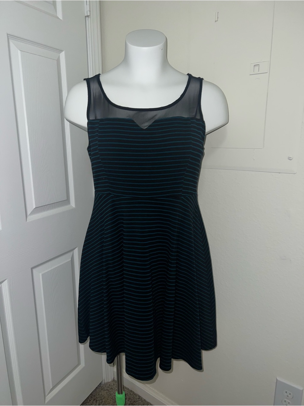 Torrid Sleeveless Black Dress with Teal Stripe & Sheer Yoke